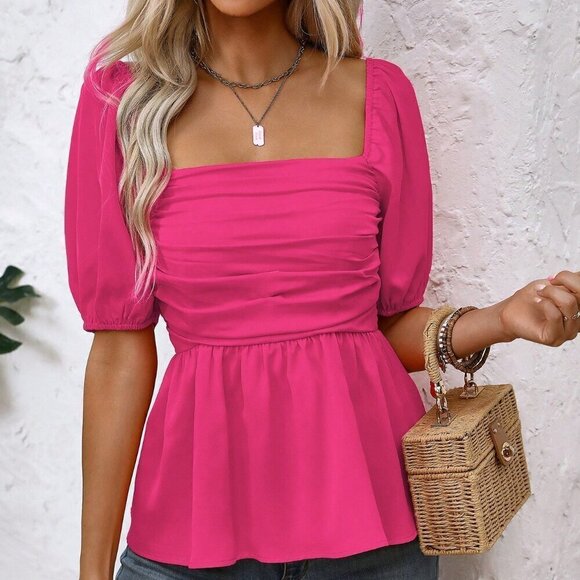 Hot Pink Casual Women's Summer Solid Color Square Neck Short Puff Sleeves Shirt - Picture 4 of 7
